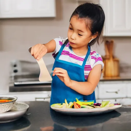 Image similar to small girl making spring rolls in the kitchen and mom is helping