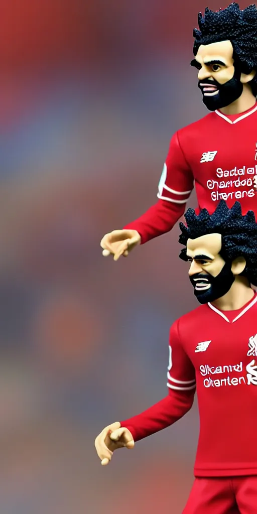 Prompt: a plastic figurine of mo salah going super saiyan, in red sports jersey, 8 k
