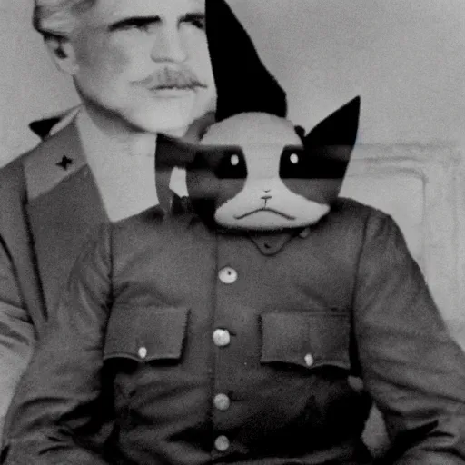Prompt: a photograph of pikachu sitting on the shoulder of Joseph Stalin