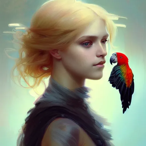 Prompt: portrait of a young blonde alternative girl with a parrot, upper body, long hair, intricate, elegant, highly detailed, digital painting, artstation, concept art, matte, sharp focus, illustration, art by artgerm and greg rutkowski and alphonse mucha