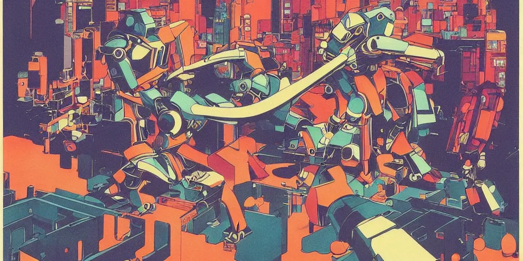 Image similar to gigantic mecha robots in a dance battle, a lot of people in disco clothes dancing, disco balls everywhere, risograph by kawase hasui, edward hopper, satoshi kon and moebius, no text!, colorful flat surreal design, super - detailed, a lot of tiny details, fullshot