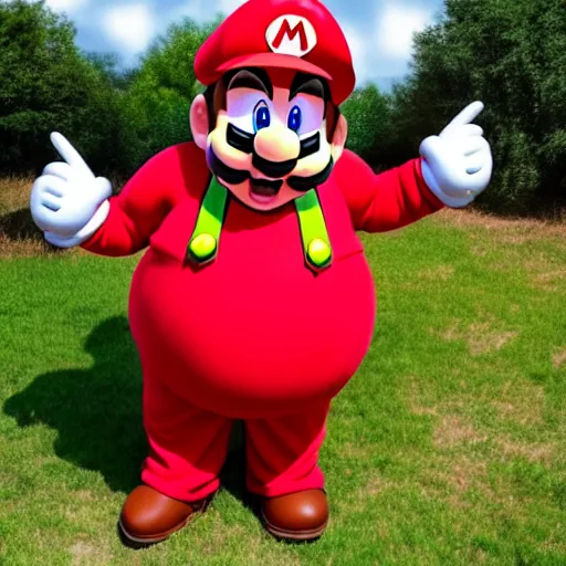 Image similar to real life big chungus dressed like mario, super mario, big chungus, fat bugs bunny, bunny ears, high resolution photo