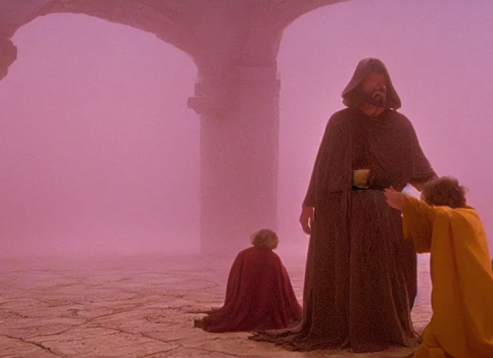 Prompt: Luke skywalker kneels before a strange jedi oracle, a mystic with infinite knowledge of time. in a foggy pink land. still from the 1983 film directed byalejandro jodorowsky. holy mountain, Photographed with Leica Summilux-M 24 mm lens, ISO 100, f/8, Portra 400