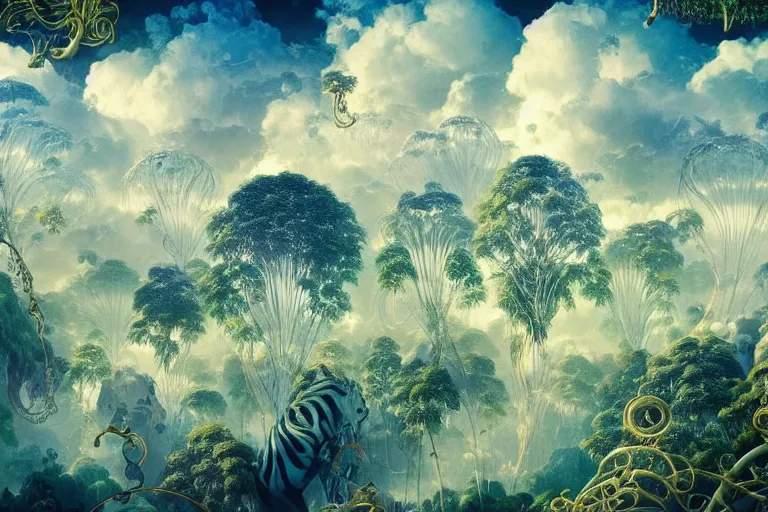 Image similar to simplicity, a huge flock of many ornate mottled puffy filigreed clouds tangled into large whirling ultra detailed crystal specimens, art nouveau jungle environment, playful, award winning art, epic dreamlike fantasy landscape, ultra realistic,