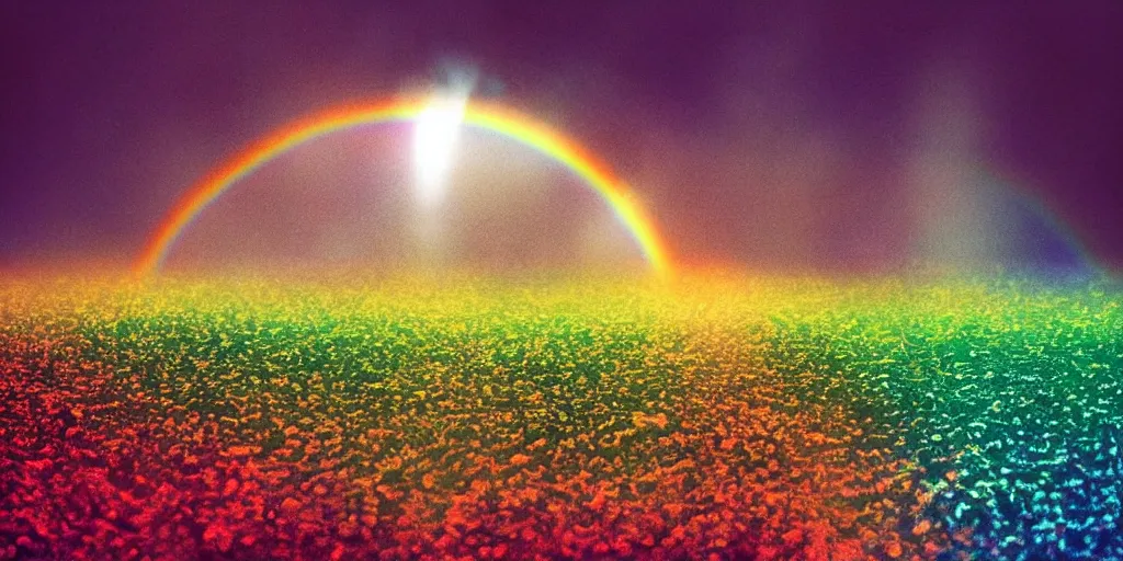 Image similar to i have set my rainbow in the clouds, and it will be the sign of the covenant between me and the earth. i will remember my covenant between me and you and all living creatures of every kind. never again will the waters become a flood to destroy all life. also, skittles. 7 0 mm. digital art 3 d render. dramatic lighting. silent running.