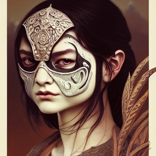 Prompt: Portrait of a girl with oni-half-mask smoke coming out of the nostrils, face, fantasy, intricate, elegant, highly detailed, digital painting, artstation, concept art, smooth, sharp focus, illustration, art by Wei Fan and Fernanda Suarez and Artem Demura and alphonse mucha