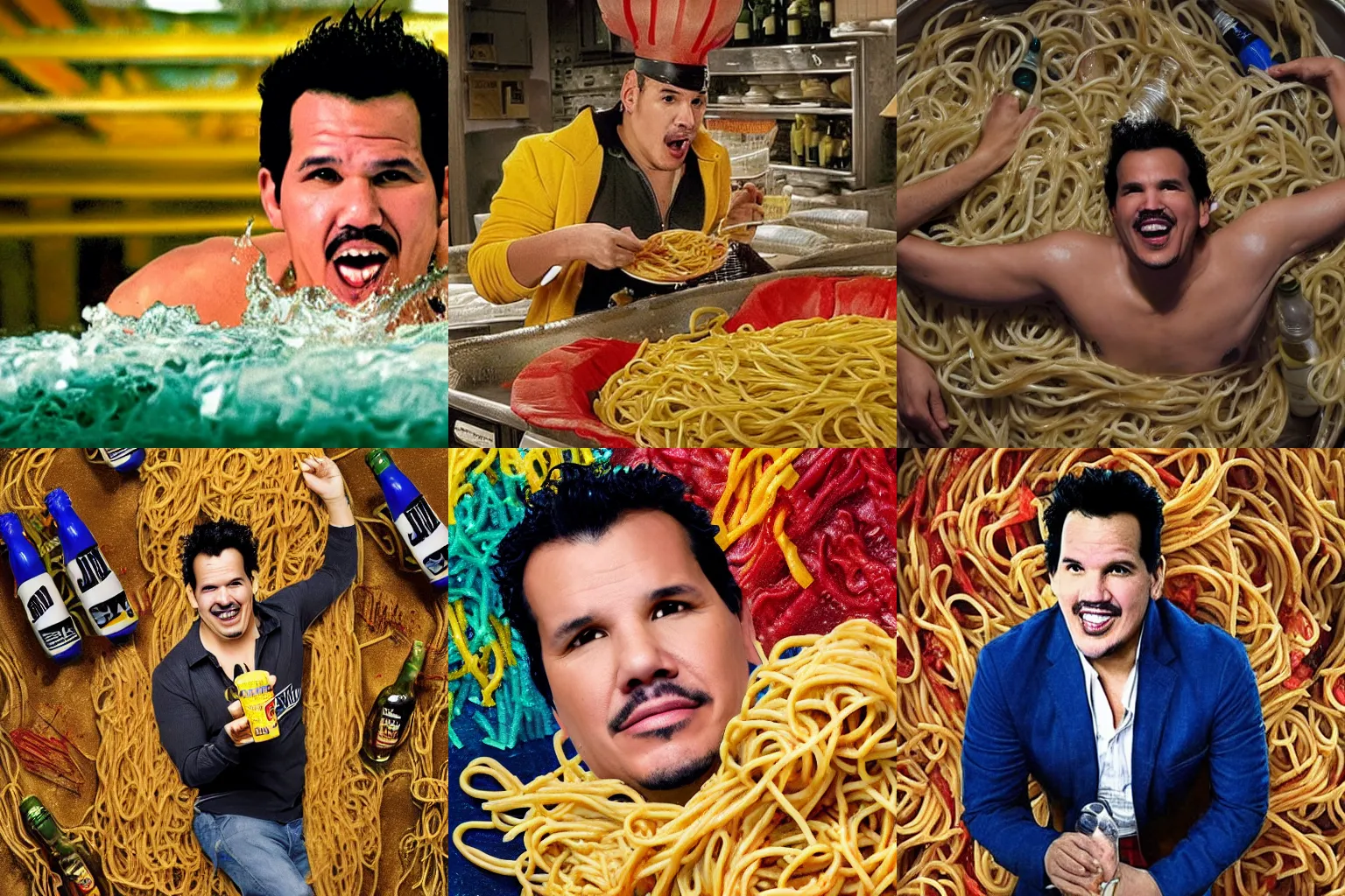 Prompt: john leguizamo swimming in a sea of spaghetti and bottles of mustard, realistic, surrealist