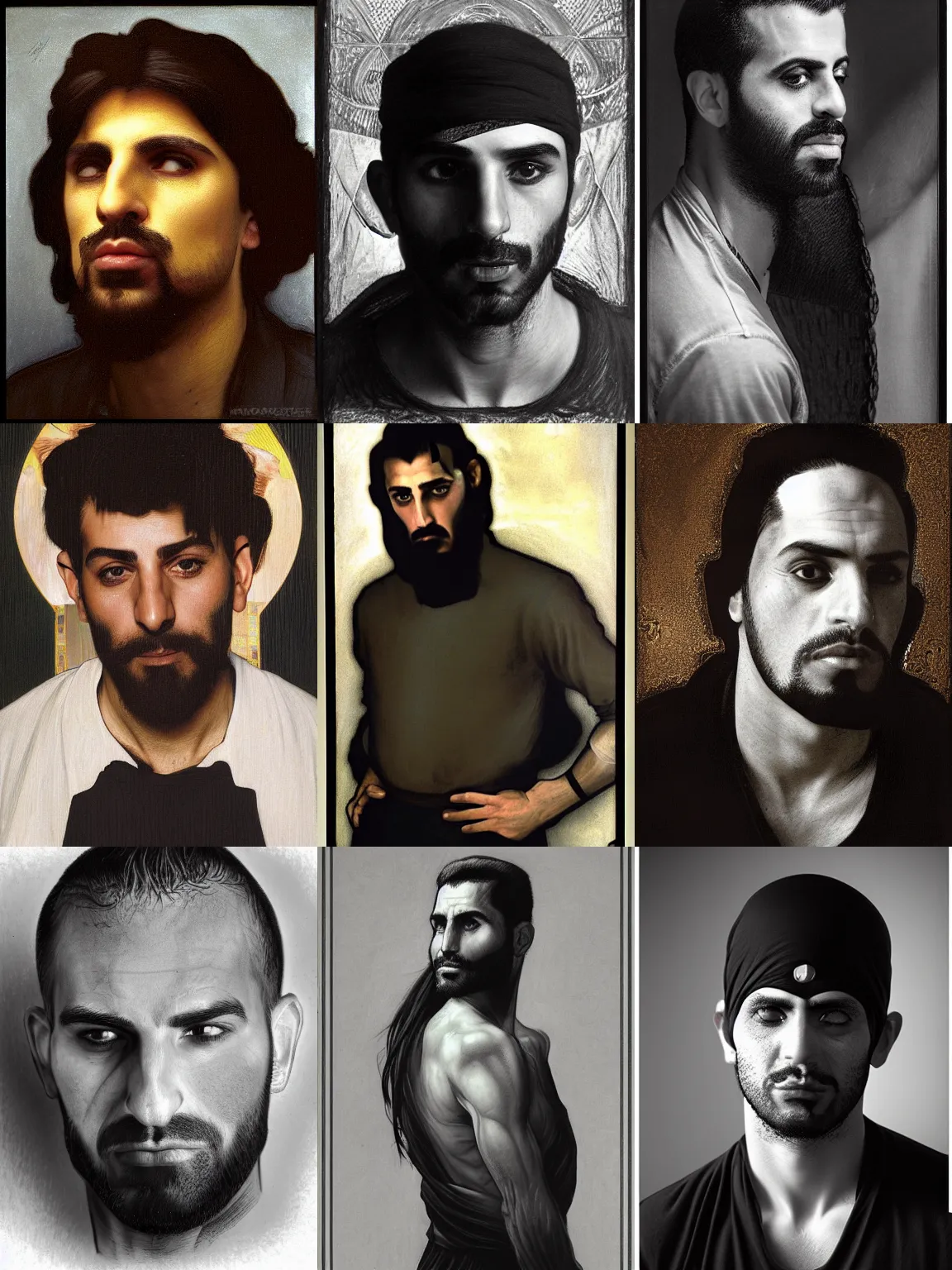 Image similar to portrait of a modern middle-eastern man wearing a dark shirt, upper body 2d game avatar, Donato Giancola, Kodak film stock, chiaroscuro lighting, default pose neutral expression, face-on head shot, close-up, eye-contact, sharp focus, shape language, Alphonse Mucha/Gustav Klimt style, alpha masked transparent flat grey background, 4k, volumetric lighting, French Nouveau, trending on artstation, octane render, ultra detailed, hyperrealistic