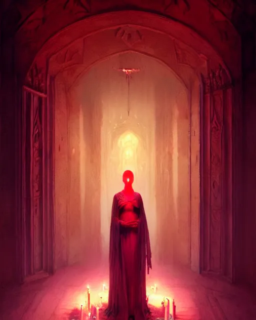 Image similar to Character concept art of Adult necromancer bringing dead to alive, casting dark magic spell. Castle room, lots of candles, barely lit warm violet red light, many transparent souls comes through the floor By greg rutkowski, tom bagshaw, beksinski