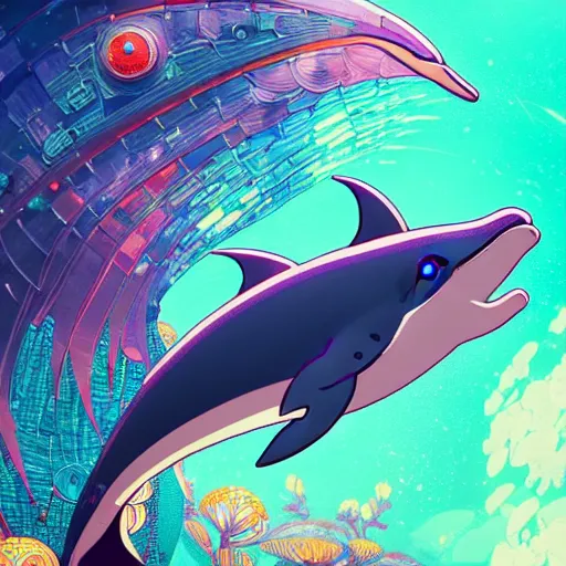 Image similar to a beautiful hyperdetailed character design 4 k wallpaper illustration of a cute dolphin, victo ngai cyberpunk style, from china, style of studio ghibli, makoto shinkai, raphael lacoste, louis comfort tiffany, artgerm, james jean, ross tran, chinese style