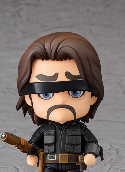 Image similar to kurt russell, a nendoroid of kurt russell is snake plisskin figurine, eyepatch, escape from new york, realistic face, detailed product photo