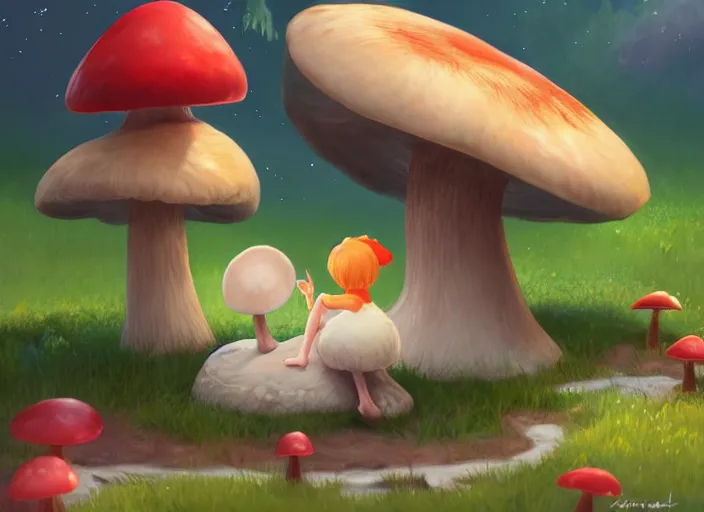 Image similar to a cute creature sitting next to a mushroom, dr seuss very pretty, artgerm lau, wlop, rossdraws, artstation, cgsociety, concept art, octane render, trending on artstation, artstationhd, artstationhq, unreal engine, 4 k, 8 k