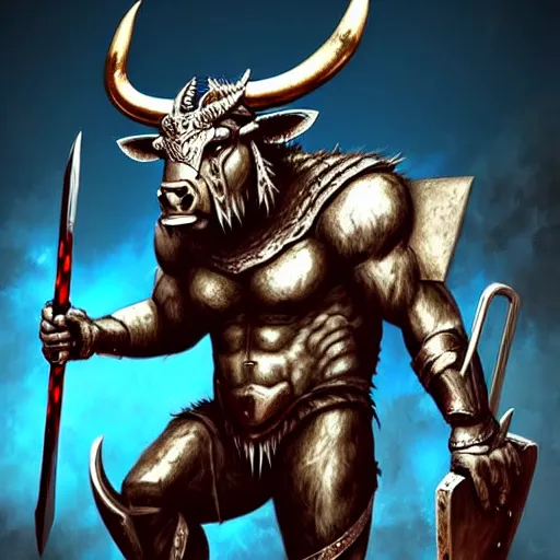 Image similar to epic bull headed minotaur beast armored with giant axe, silver metal, artwork, vivid colors, concept art, greek mythology, detailed, modern design, dark fantasy, digital painting, artstation, d&d