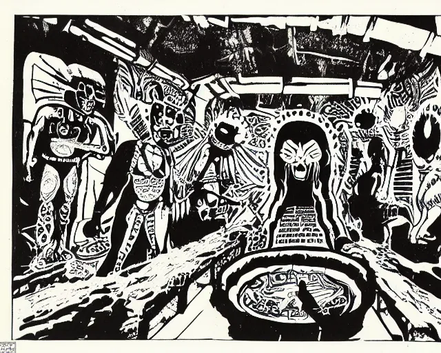 Image similar to ecstatic party in las pozas, mayan jaguar warrior, ink by frank miller and jose guadalupe posada, cut out collage, science fiction fanzine 1 9 6 7