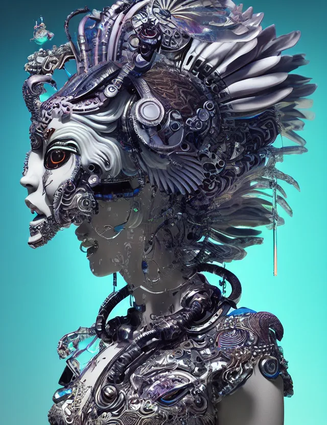 Image similar to 3 d goddess cyborg close - up profile portrait with ram skull. beautiful intricately detailed japanese crow kitsune mask and clasical japanese kimono. betta fish, jellyfish phoenix, bio luminescent, plasma, ice, water, wind, creature, artwork by tooth wu and wlop and beeple and greg rutkowski