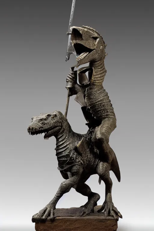 Image similar to medieval Norman, circa 1300, photo of stone statue, of a night in full armor with a sword, riding an Allosaurus, romanesque style, in museum