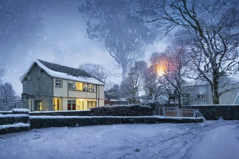 Image similar to cyberpunk, winter in the snow, an estate agent listing photo, external view of a 5 bedroom detached countryside house in the UK, by Paul Lehr