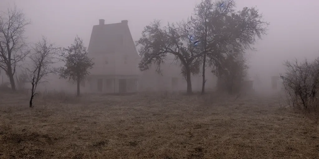 Image similar to Misty ghost town, with a dark shadow of a ghost