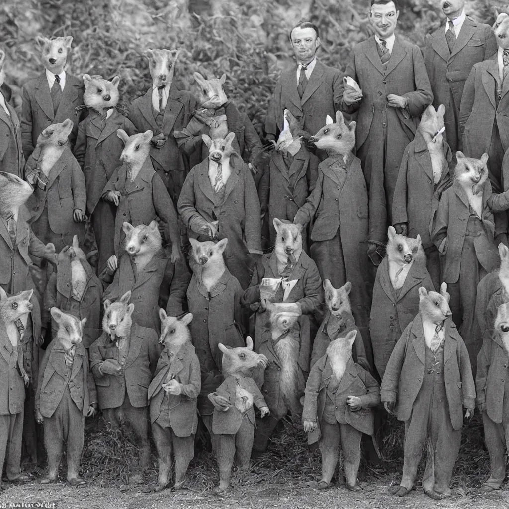 Image similar to a group of badgers in 1 9 4 0 s suits, standing upright like people, anthropomorphic, style of beatrix potter, rendered as a highly detailed photograph