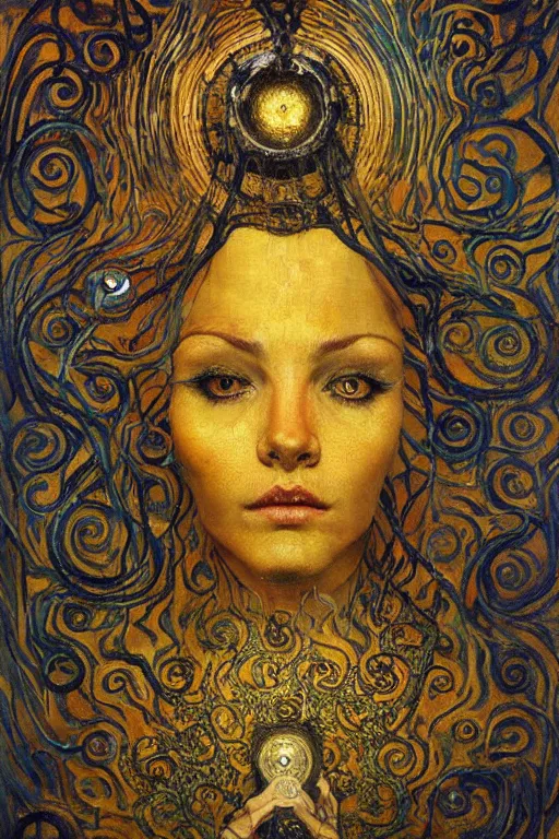 Image similar to The Dreaming Cell by Karol Bak, Jean Deville, Gustav Klimt, and Vincent Van Gogh, mystic eye, otherworldly, prison, elaborate wrought iron bars, chains, locks, fractal structures, arcane, inferno, inscribed runes, infernal relics, ornate gilded medieval icon, third eye, spirals