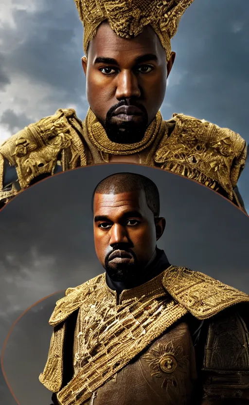 Image similar to Portrait of Kanye West as Emperor Napoleon in Skyrim, splash art, movie still, cinematic lighting, dramatic, octane render, long lens, shallow depth of field, bokeh, anamorphic lens flare, 8k, hyper detailed, 35mm film grain