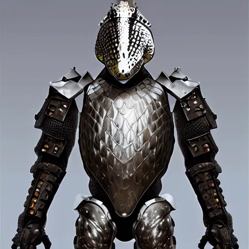 Image similar to a humanoid Pangolin armored knight with metallic armor that looks similar to a pangolin and biotechnology mesh