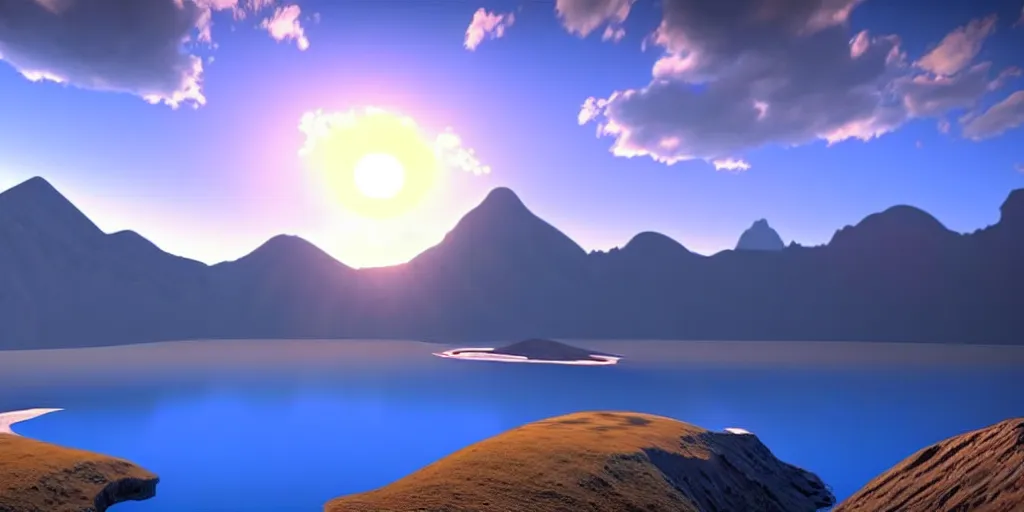 Prompt: a beautiful landscape, sun rises between two mountains, a lake in between the mountains, blue sky, cloudy, 3 d artwork by john stephans, unreal engine 5, extremely detailed, hyper realism