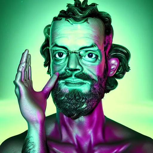 Prompt: terence McKenna posing seductively with psychedelic mushrooms, psychedelic, fractal, Claymorphism, cinematic lighting, dramatic, octane render, full body, trending on artstation, perfect facial symmetry, bokeh, 8k, intricate, hyper detailed