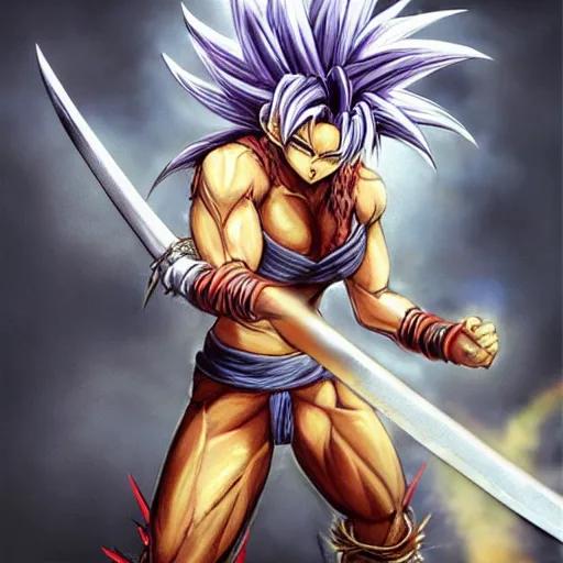 Image similar to realistic art style, ultra - detailed, saiyan girl, wild spiky red hair, long spiky hair, electrified hair, holding scimitar made of bone, scimitar, sword, jagged sword, curved sword, orkish sword, colorized, gray skin, hyper - detailed, primeval fantasy, prehistoric fantasy, drawn by frank frazetta and boris vallejo