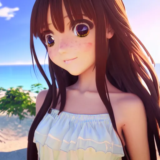 Image similar to portrait of a very beautiful 3d anime girl, long hair, hazel eyes, cute freckles, full round face, short smile, cute sundress, golden hour, serene beach setting, medium shot, mid-shot, highly detailed, trending on Artstation, Unreal Engine 4k