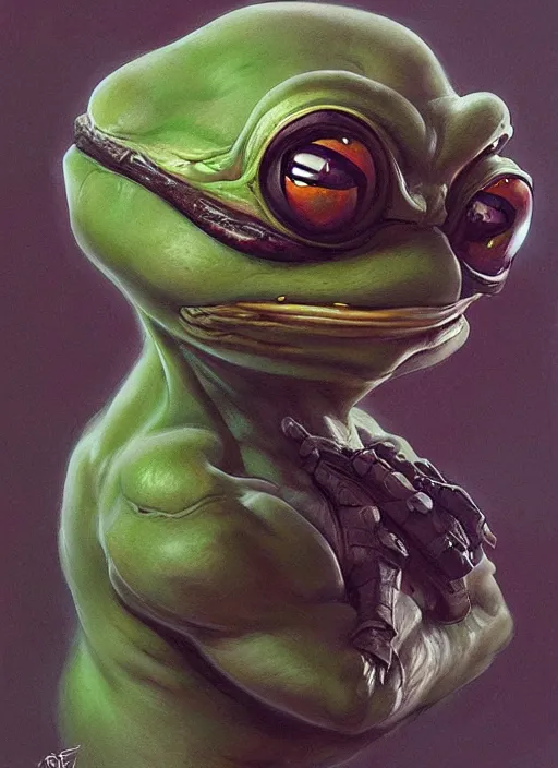 Prompt: Portrait of Pepe The Frog, marvel comics, dark, intricate, highly detailed, smooth, artstation, digital illustration by Ruan Jia and Mandy Jurgens and Artgerm and Wayne Barlowe and Greg Rutkowski and Frank Frazetta