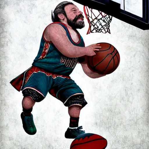 Image similar to a dwarf is dunking a basketball, digital art, highly detailed, realistic, bright colors, 8 k