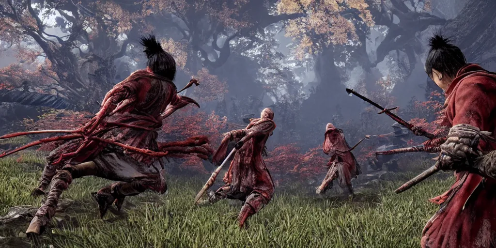 Prompt: a stunning screenshot of a flesh forest in sekiro