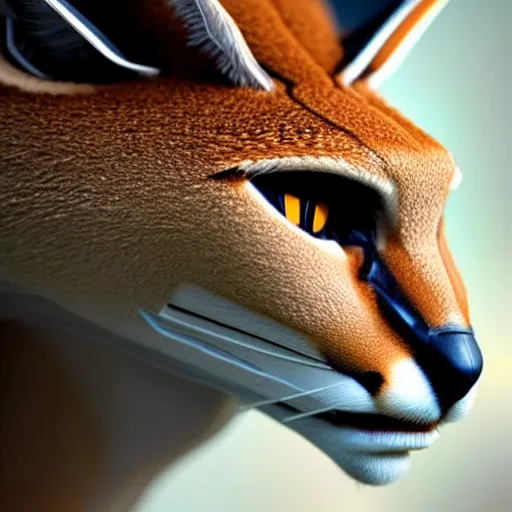 Prompt: An incredibly beautiful close-up photorealistic scene featuring a futuristic anthropomorphic caracal. Trending on CGSociety.