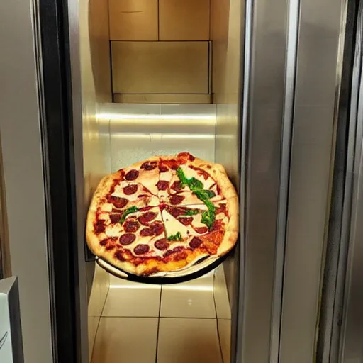 Prompt: a dinosaur with a pizza in an elevator, security camera photo