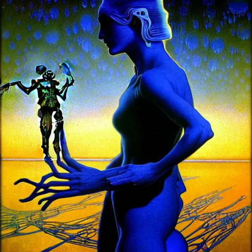 Image similar to realistic extremely detailed portrait painting of a glowing silhouette, futuristic sci-fi landscape on background by Jean Delville, Amano, Yves Tanguy, Alphonse Mucha, Ernst Haeckel, Edward Robert Hughes, Roger Dean, rich moody colours, blue eyes