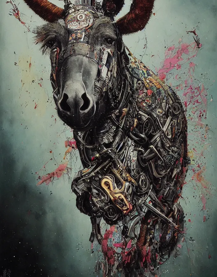 Prompt: art portrait A donkey and a bug hybrid, intricate detailed armour ,8k,by tristan eaton,Stanley Artgermm,Tom Bagshaw,Greg Rutkowski,Carne Griffiths, Ayami Kojima, Beksinski, Giger,trending on DeviantArt,face enhance,hyper detailed,minimalist,cybernetic, android, blade runner,full of colour,