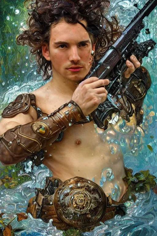 Image similar to portrait of a beautiful man wearing a warrior armor, holding a retro futuristic rifle, drenched body, wet dripping hair, emerging from the water, fantasy, regal, fractal crystal, fractal gems, by stanley artgerm lau, thomas kindkade, alphonse mucha, loish, norman rockwell