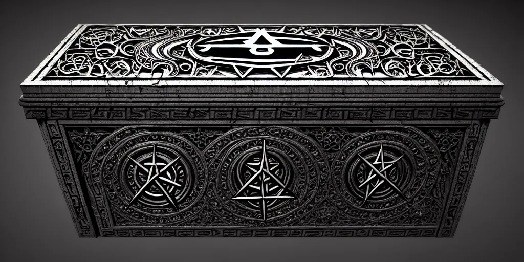 Image similar to an ancient ornate intricate old spell satanic coffin with the sigil symbol of evil emblazoned on the cover, cinematic, realistic, intricate detail, finely detailed, small details, extra detail, photorealistic, high resolution, 3 d, pbr, path tracing, volumetric lighting, octane render, arnold render, 8 k