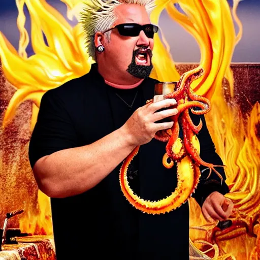 Prompt: guy fieri, turning into an eldritch horror with tentacles, hair sharp like blades, bathing in a giant pan filled with boiling oil, film still from the movie directed by denis villeneuve with art direction by salvador dali