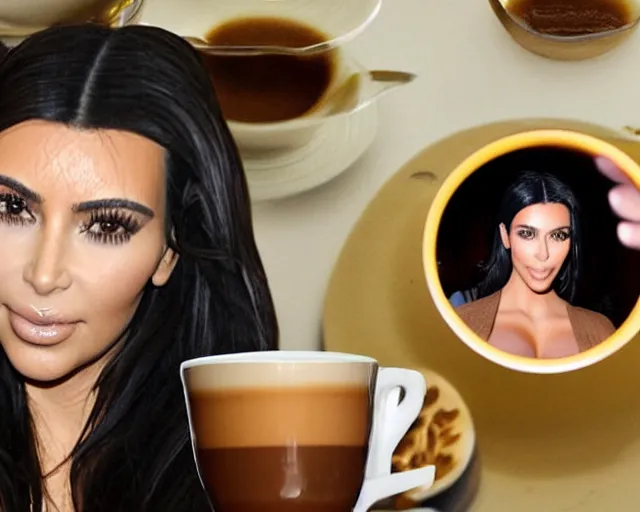 Prompt: Kim Kardashian's head peeking out of a giant espresso cup