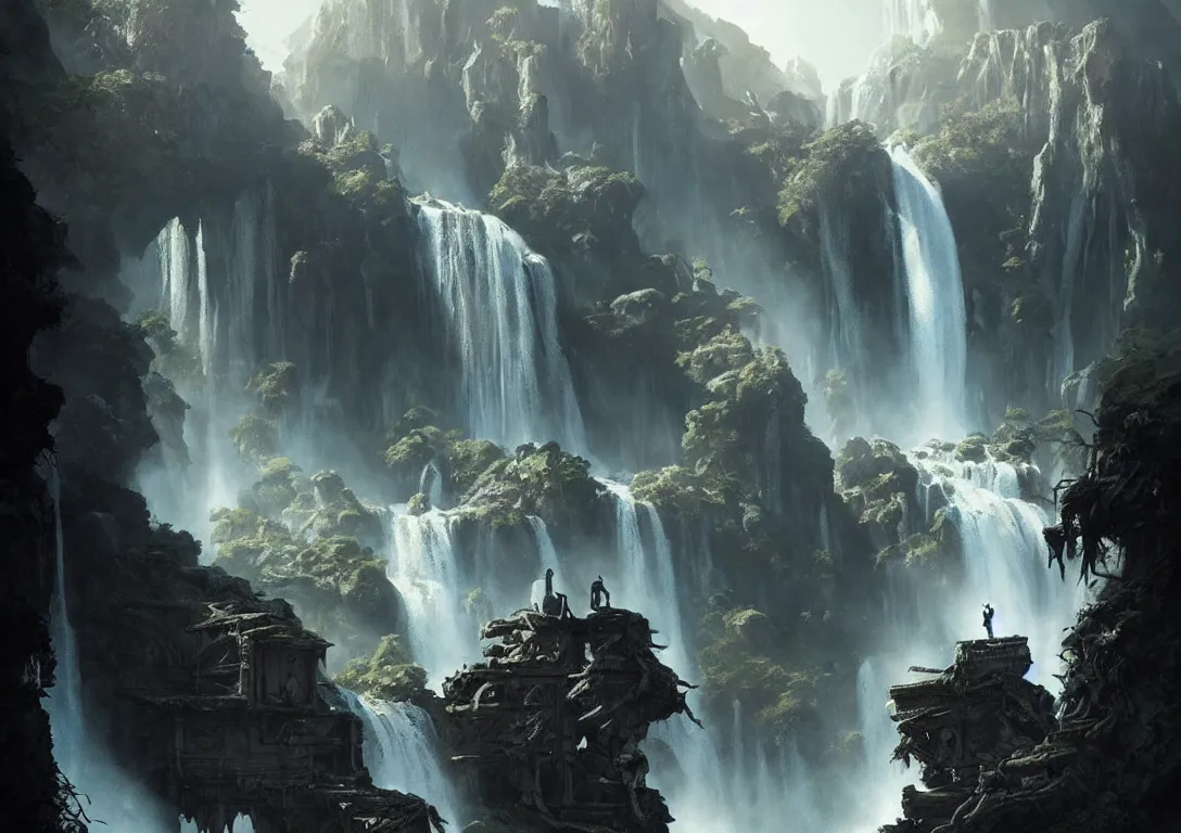 Prompt: lost traveller is exploring lost ruins, large waterfall on the right, there are ruins of ancient civilization!!!, ultra high definition, ultra detailed, symmetry, sci - fi, dark fantasy, in style of heavy metal comic, dark and horror style, metal by greg rutkowski and ross tran