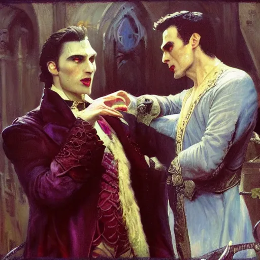 Image similar to attractive male, arthur pendragon confesses his love to attractive male dracula the vampire. highly detailed painting by gaston bussiere, craig mullins, j. c. leyendecker 8 k