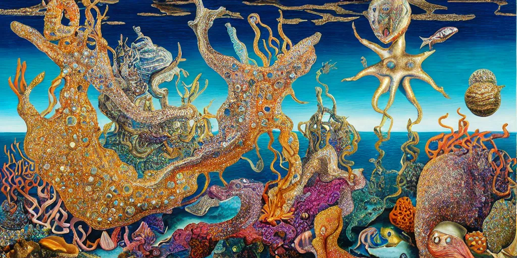 Image similar to sea creatures | shimmery, glittery, metallic, complex, intricate, textured | wide open vista view | gouche on paper by salvador dali by raqib shaw | 8 k