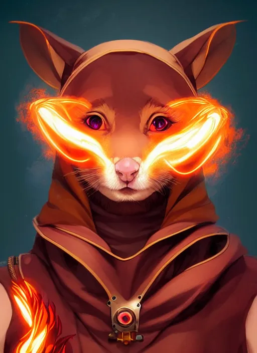 Image similar to style artgerm, joshua middleton, illustration, anthropomorphic hamster steampunk half - cyborg, anime eyes, red fur, swirling fire flames cosmos, fantasy, dnd, cinematic lighting