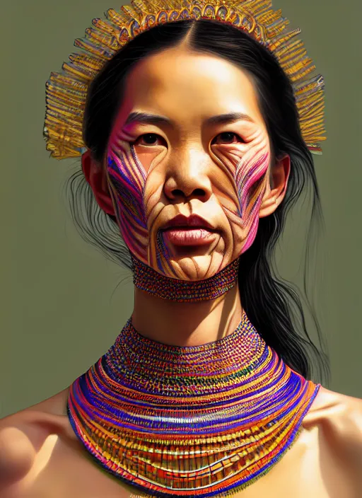 Image similar to portrait of catriona balfe, hyper detailed ultra sharp kayan people ( myanmar ) long - neck woman. trending on artstation, warpaint aesthetic, colorful, psychedelic, ornate, intricate, digital painting, concept art, smooth, sharp focus, illustration, art by artgerm and greg rutkowski and h. r. giger, 8 k