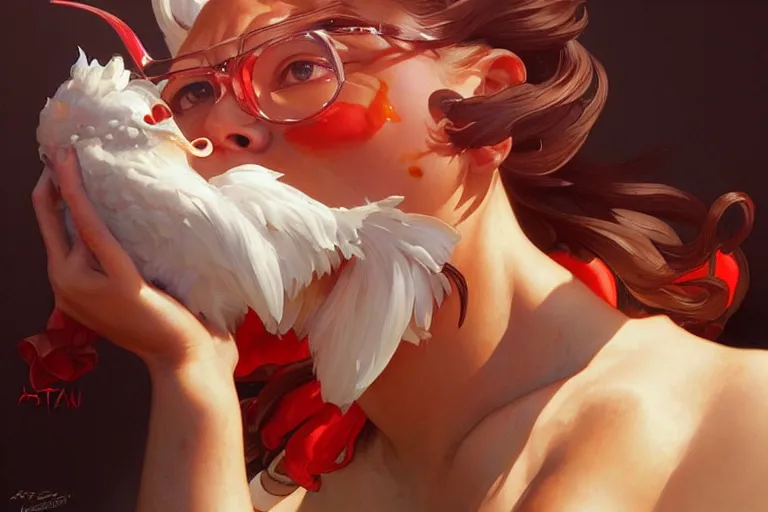 Image similar to kfc chicken, portrait, elegant, intricate, digital painting, artstation, concept art, smooth, sharp focus, illustration, art by artgerm and greg rutkowski and alphonse mucha