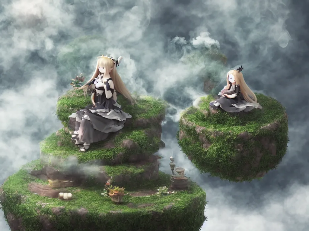 Image similar to cute fumo plush gothic maiden girl sitting on a floating island, isometric projection, wisps of smoke and volumetric fog, vignette, vray