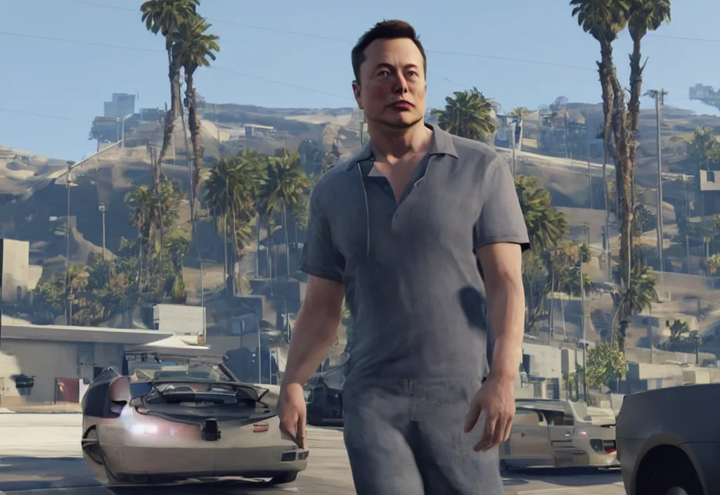 Image similar to elon musk in the video game in gta 5, gameplay screenshot, close up, 3 d rendering. unreal engine. amazing likeness. very detailed.