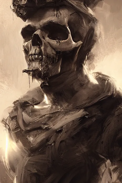 Image similar to concept art skull barrista, close - up portrait, powerfull, intricate, elegant, volumetric lighting, scenery, digital painting, highly detailed, artstation, sharp focus, illustration, concept art, ruan jia, steve mccurry